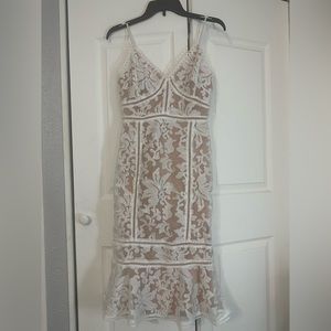 Lulus Alluring Love White and Beige Lace Trumpet Hem Midi Dress